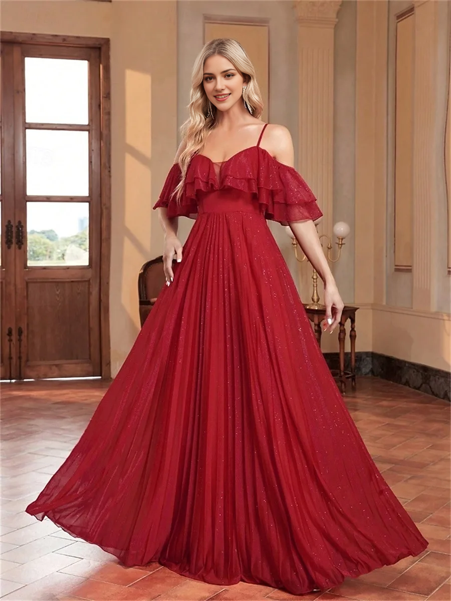 AABEI DRESS Formal Women's Dresses A Line Spaghetti Strap Sweetheart Ruched Floor Length Elegant Sparkle Red Prom Dress