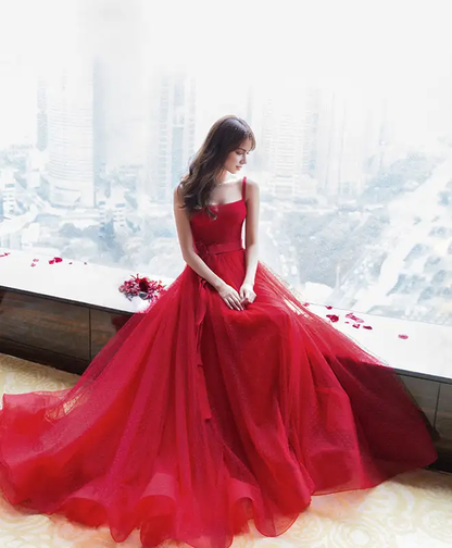 AABEI DRESS Formal Women's Dresses A Line Spaghetti Strap Tulle Long Evening Dress Exquisite Red Prom Dress
