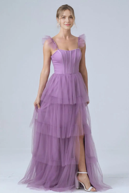 AABEI DRESS Formal Women's Dresses A Line Spaghetti Strap Tulle Tiered Pleated Backless With Slit Fantastic Long Prom Dress