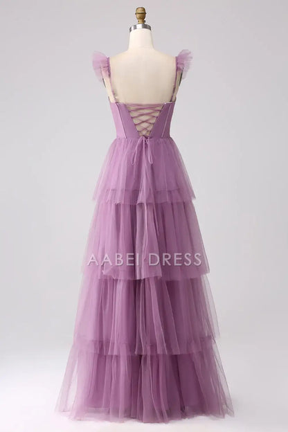 AABEI DRESS Formal Women's Dresses A Line Spaghetti Strap Tulle Tiered Pleated Backless With Slit Fantastic Long Prom Dress