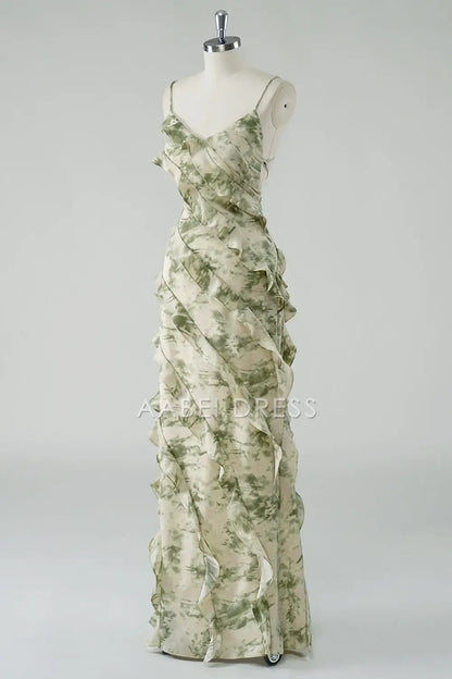 AABEI DRESS Formal Women's Dresses A Line Spaghetti Straps Printing Tiers Ruched Backless Fashion Long Prom Dress