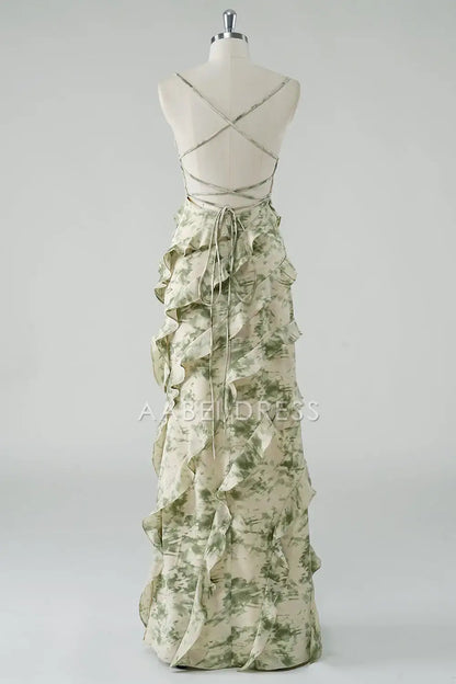 AABEI DRESS Formal Women's Dresses A Line Spaghetti Straps Printing Tiers Ruched Backless Fashion Long Prom Dress