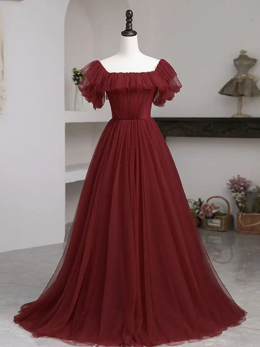 AABEI DRESS Formal Women's Dresses A Line Square Neck Ruched Sweep Train Burgundy Long Prom Dress