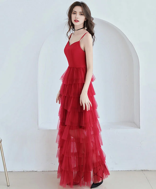 AABEI DRESS Formal Women's Dresses A Line V Neck Spaghetti Strap Layering Ruched Backless Fashion Red Prom Dress