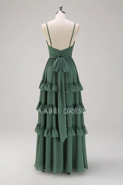 AABEI DRESS Formal Women's Dresses A Line V Neck Spaghetti Straps Backless Layering Ruffles Exquisite Long Prom Dress