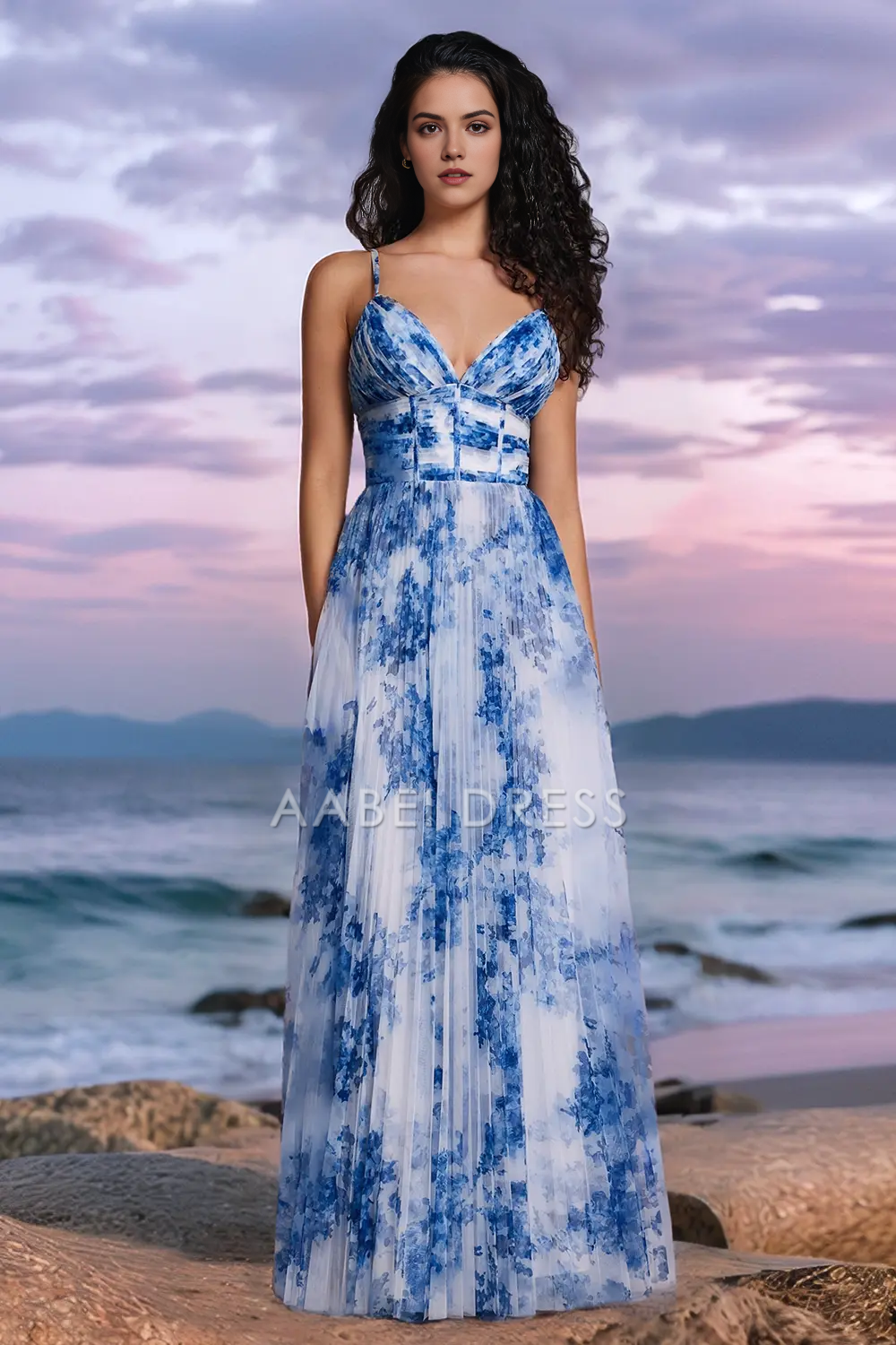 AABEI DRESS Formal Women's Dresses A Line V Neck Spaghetti Straps Printing Pleated Exquisite Long Prom Dress