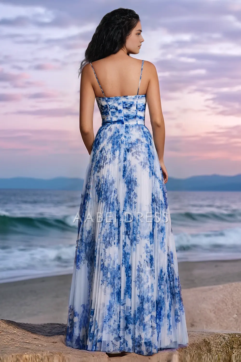 AABEI DRESS Formal Women's Dresses A Line V Neck Spaghetti Straps Printing Pleated Exquisite Long Prom Dress