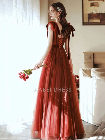 AABEI DRESS Formal Women's Dresses Brick Red A Line V Neck Ruched Tulle Graduation Dresses Fashion Long Prom Dress
