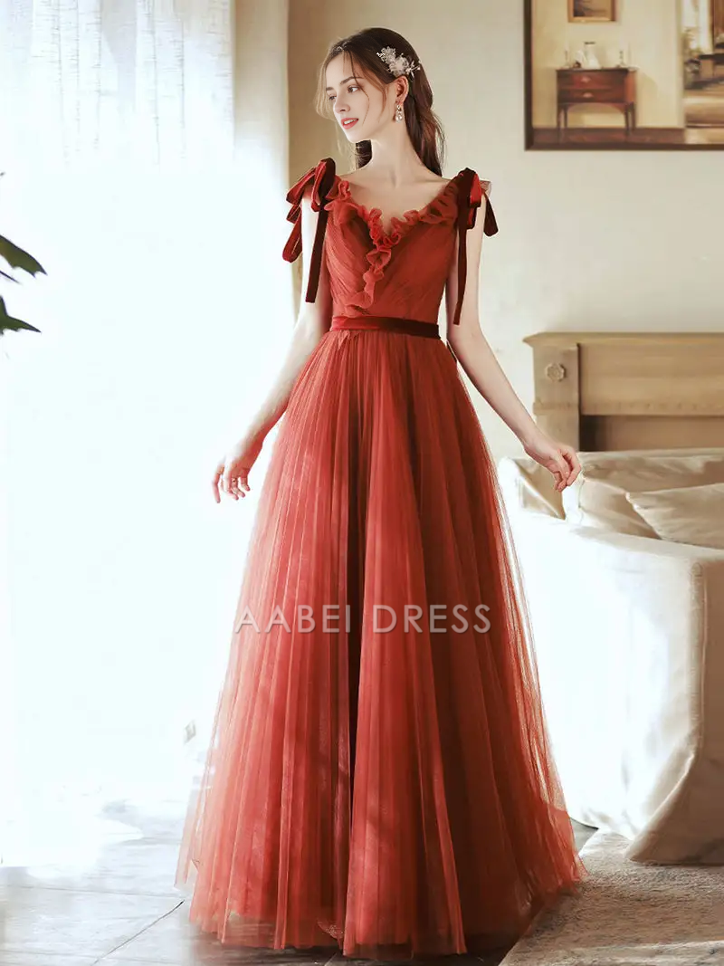 AABEI DRESS Formal Women's Dresses Brick Red A Line V Neck Ruched Tulle Graduation Dresses Fashion Long Prom Dress