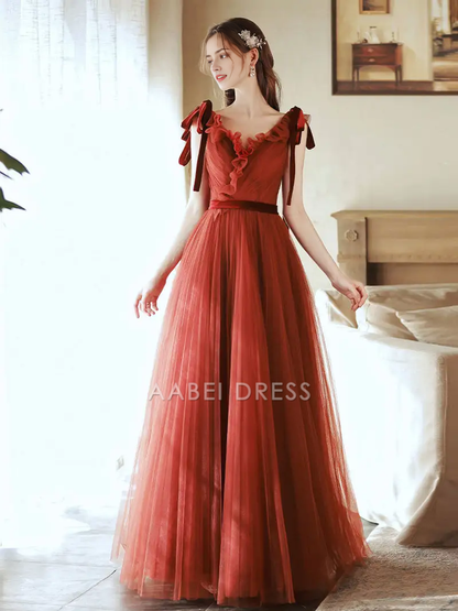 AABEI DRESS Formal Women's Dresses Brick Red A Line V Neck Ruched Tulle Graduation Dresses Fashion Long Prom Dress