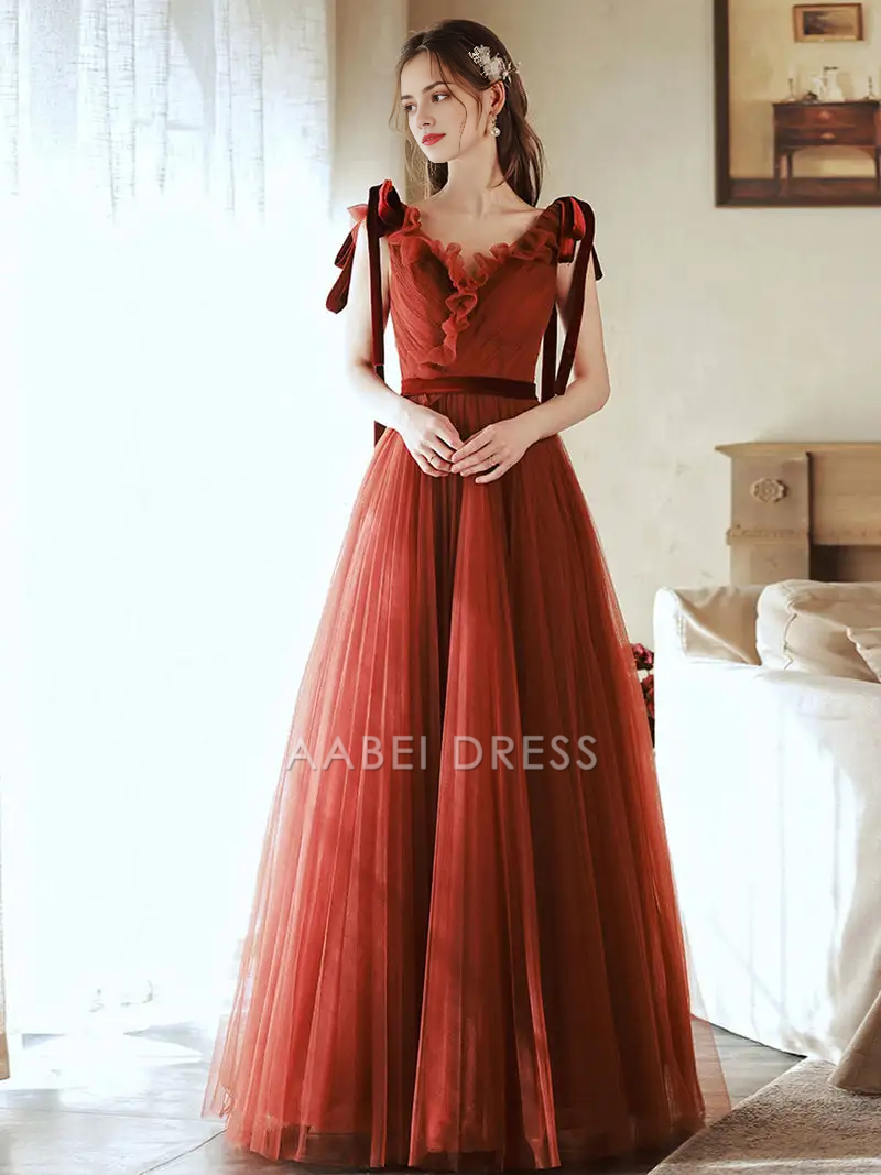 AABEI DRESS Formal Women's Dresses Brick Red A Line V Neck Ruched Tulle Graduation Dresses Fashion Long Prom Dress