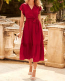 AABEI DRESS Formal Women's Dresses Evening A-Line V Neck Flutter Sleeves Bohemian Casual Wrap Ruffle Belt Pleated Hem Elegant Prom Dress