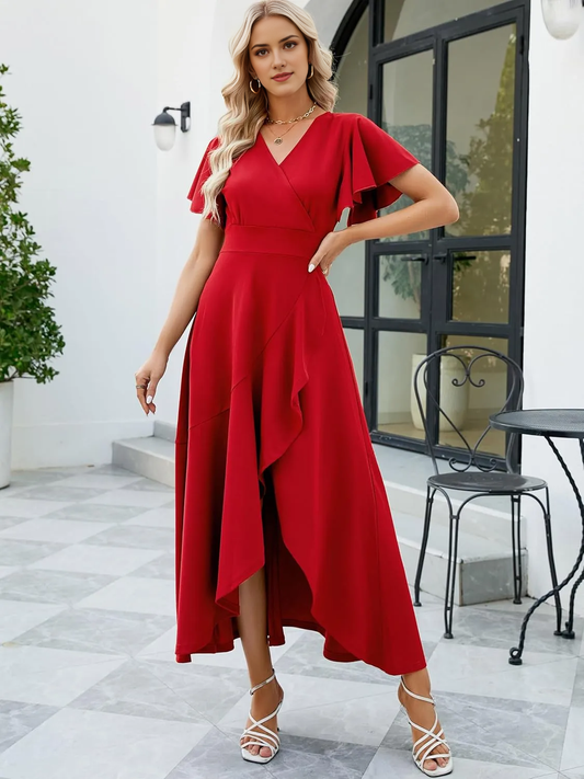 AABEI DRESS Formal Women's Dresses Evening A Line V Neck Split Wrap Ruffle Wedding Guest Dresses Elegant Long Prom Dress
