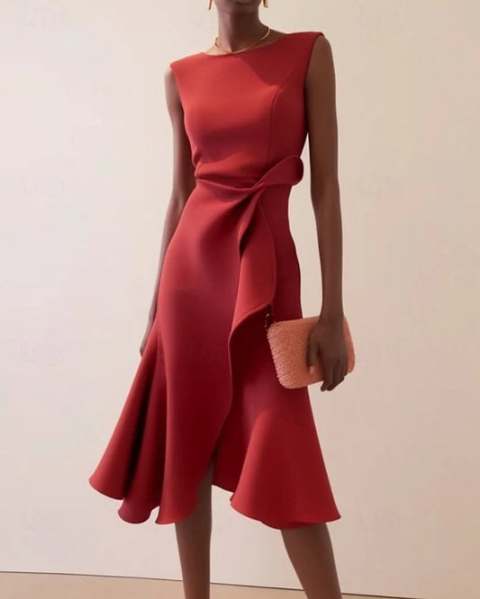 AABEI DRESS Formal Women's Dresses Fashion Fit Plain Sleeveless Crew Neck Ruched Elegant Red Prom Dress