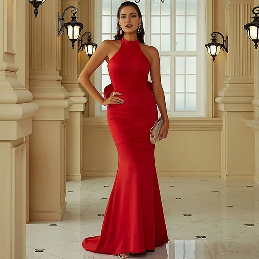 AABEI DRESS Formal Women's Dresses Mermaid Sleeveless Halter Neck Backless With Flowers Sweep Train Exquisite Red Prom Dress