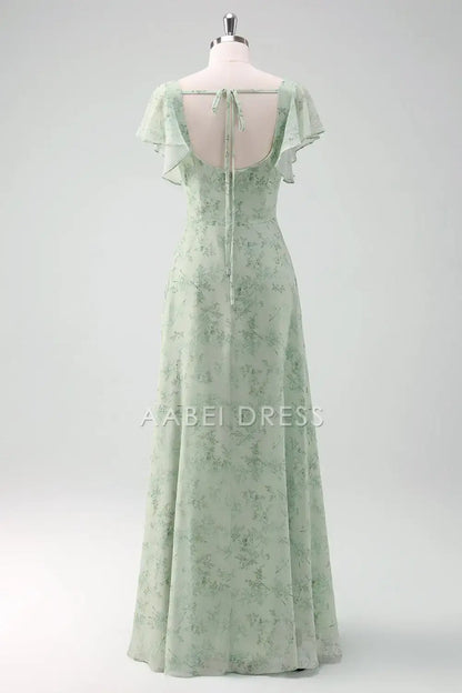 AABEI DRESS Formal Women's Dresses Sheath Square Neck Flutter Sleeves Floral Printed With Slit Fantastic Prom Dress