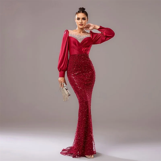 AABEI DRESS Formal Women's Dresses Sparkle Evening Dress Mermaid Long Sleeves Sequin Gorgeous Red Prom Dress