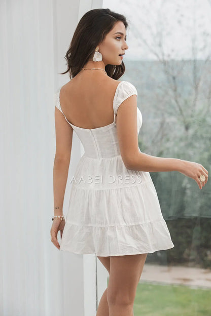 AABEI DRESS New Homecoming Dress Simple A-Line Cap Sleeves Lace up Bow Cute Short Graduation Dress