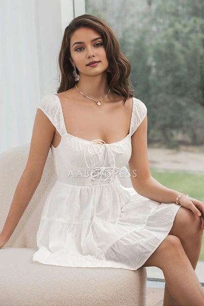 AABEI DRESS New Homecoming Dress Simple A-Line Cap Sleeves Lace up Bow Cute Short Graduation Dress