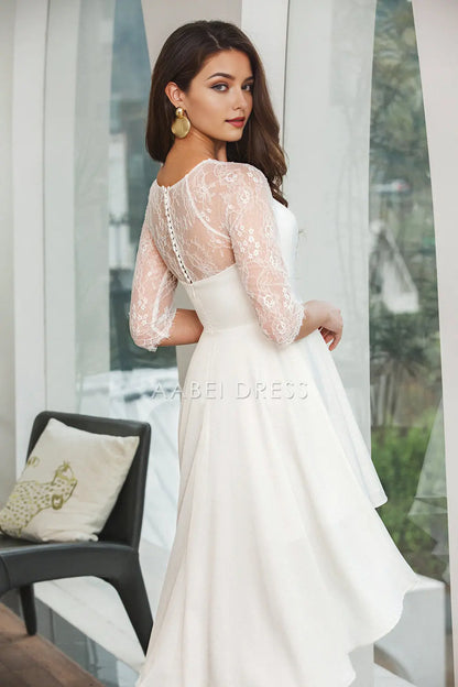 AABEI DRESS New Homecoming Dress Simple A Line Lace Half Sleeves Ruched High Low Hemline Elegant Short Graduation Dress