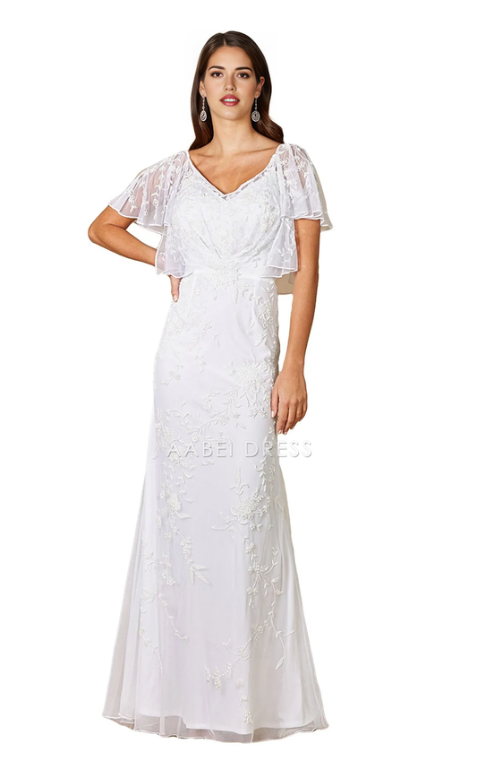 AABEI DRESS Sheath V Neck Flutter Sleeve Floral Embellished Gown with Open Back Exquisite Wedding Dress