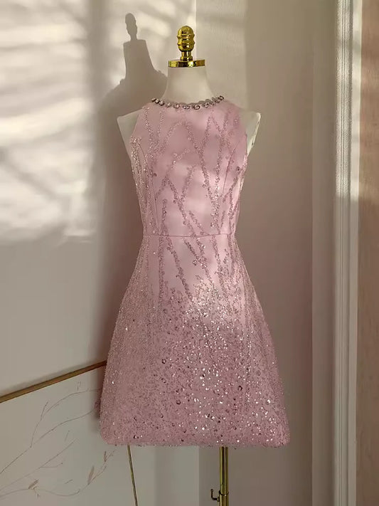 AABEI DRESS Short Prom Dress Pink Cute A Line Round Neck Sleeveless Sequin Bow Sparkle Hot Sale Homecoming Dress
