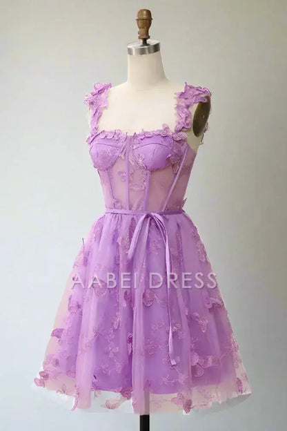 AABEI DRESS Sweet A-Line Square Neck Exquisite 3D Butterfly Appliques Hot Sale Short Homecoming Dress