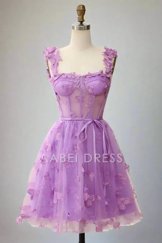 AABEI DRESS Sweet A-Line Square Neck Exquisite 3D Butterfly Appliques Hot Sale Short Homecoming Dress