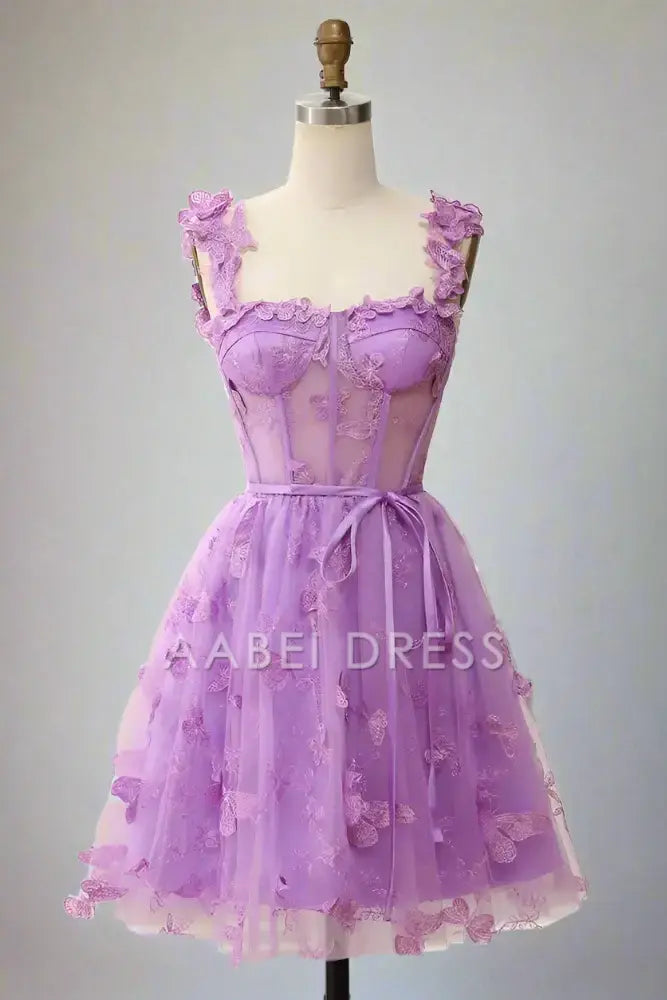 AABEI DRESS Sweet A-Line Square Neck Exquisite 3D Butterfly Appliques Hot Sale Short Homecoming Dress