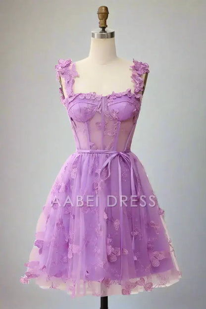 AABEI DRESS Sweet A-Line Square Neck Exquisite 3D Butterfly Appliques Hot Sale Short Homecoming Dress