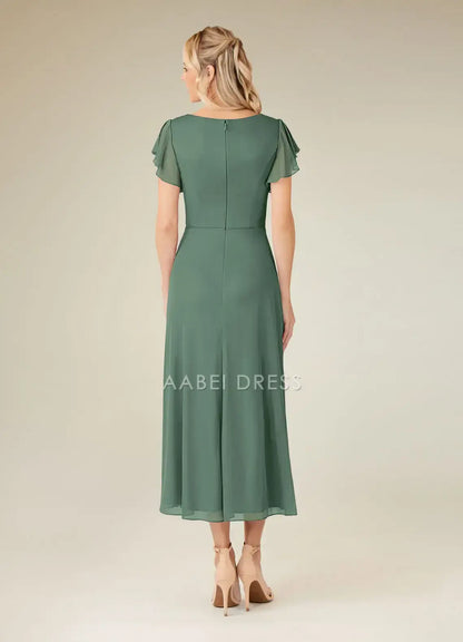 AABEI DRESS Wedding Guests Dresses A-Line V-Neck Flutter Ruffles Cap Sleeves Pleated Elegant Simple Mother of the Bride Dress