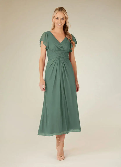 AABEI DRESS Wedding Guests Dresses A-Line V-Neck Flutter Ruffles Cap Sleeves Pleated Elegant Simple Mother of the Bride Dress