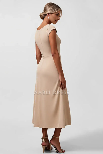 AABEI DRESS Wedding Guests Dresses A Line Boat Collar Cap Sleeves Ruffled Tea-Length Elegant Simple Mother of the Bride Dress