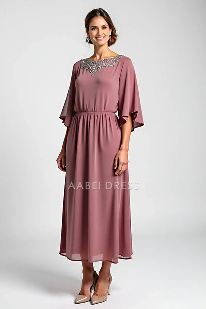 AABEI DRESS Wedding Guests Dresses A Line Boat Collar V Back Flutter Sleeves Beaded Vintage Long Mother of the Bride Dress