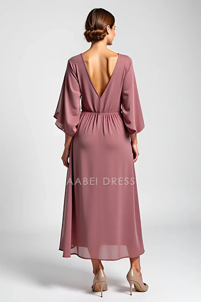 AABEI DRESS Wedding Guests Dresses A Line Boat Collar V Back Flutter Sleeves Beaded Vintage Long Mother of the Bride Dress