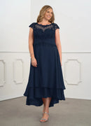 AABEI DRESS Wedding Guests Dresses A Line Boat Neck Bodice Features Hand-Pieced Lace Applique Cap Sleeves Tiers Ruched Retro Fashion Plus Size Dress Mother of the Bride Dress