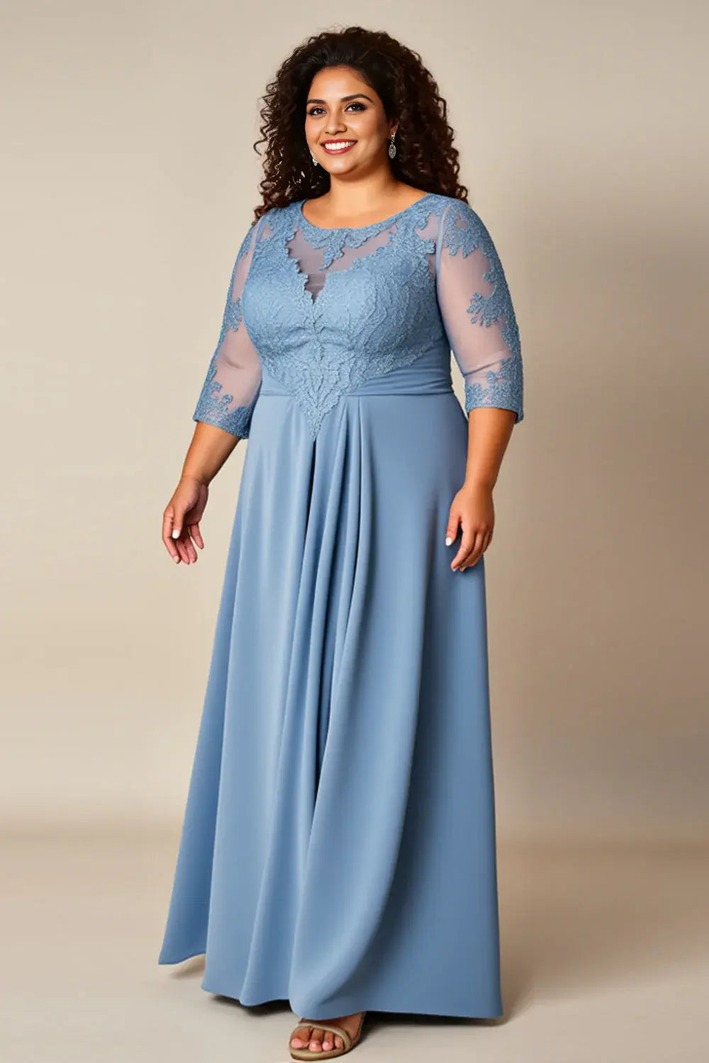 AABEI DRESS Wedding Guests Dresses A Line Round Neck 3/4 Sleeves Lace Applique Plus Size Dress Elegant Mother of the Bride Dress