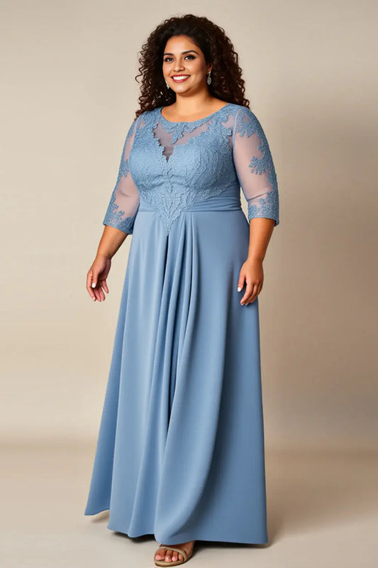 AABEI DRESS Wedding Guests Dresses A Line Round Neck 3/4 Sleeves Lace Applique Plus Size Dress Elegant Mother of the Bride Dress