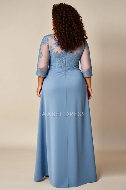 AABEI DRESS Wedding Guests Dresses A Line Round Neck 3/4 Sleeves Lace Applique Plus Size Dress Elegant Mother of the Bride Dress