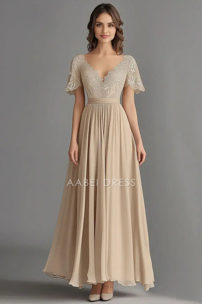 AABEI DRESS Wedding Guests Dresses A Line V Neck Short Sleeve Ruched Lace Backless Elegant Mother of the Bride Dress
