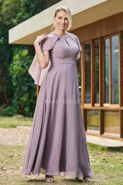 AABEI DRESS Wedding Guests Dresses Beautiful A-Line Round Neck Beadwork Flutter Sleeves Chiffon Ruched Dress Exquisite Mother of the Bride Dress