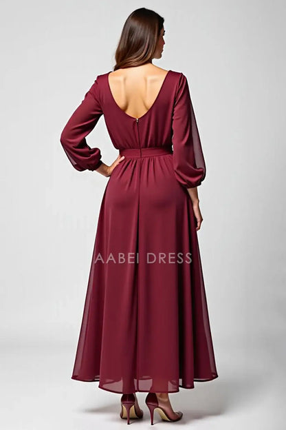 AABEI DRESS Wedding Guests Dresses Chiffon A Line Round Neck Long Sleeves Applique Fashion Long Mother of the Bride Dress
