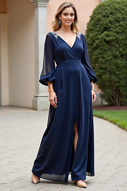 AABEI DRESS Wedding Guests Dresses Chiffon A Line V Neck Long Sleeves Applique V Back Fork Exquisite Long Mother of the Bride Dress