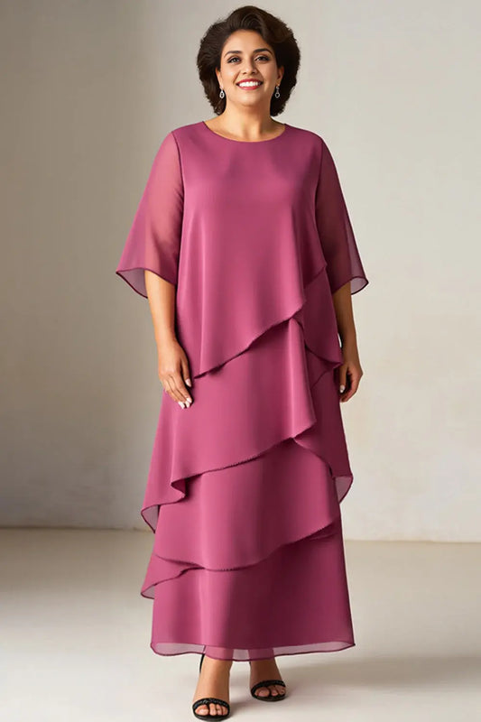 AABEI DRESS Wedding Guests Dresses Fashion A Line Round Neck Loose Sleeves Tiered Chiffon Plus Size Dress Elegant Mother of the Bride Dress