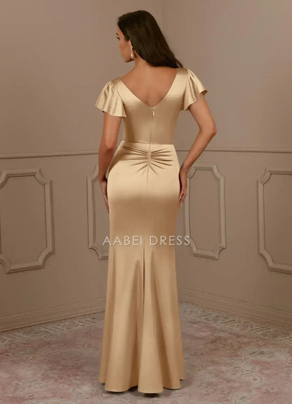 AABEI DRESS Wedding Guests Dresses Mermaid V-Neck Pleated Flutter Cap Sleeve V Back Ruched Side Fork Fashion Mother of the Bride Dress