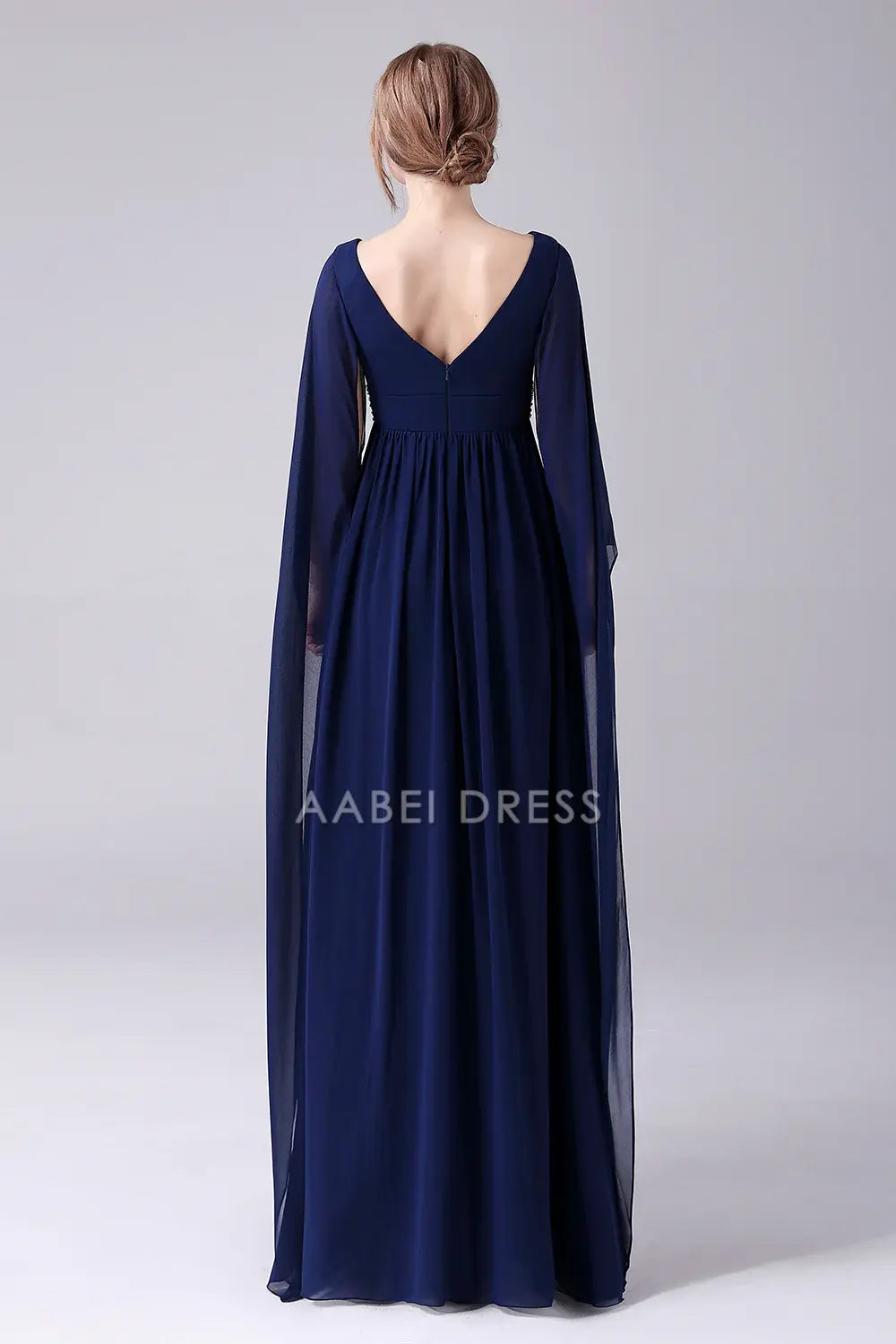 AABEI DRESS Wedding Guests Dresses Mom's Formal Dress A-Line Deep V-Neck Flutter Long Sleeves Chiffon Pleated Bead String Elegant Long Mother of the Bride Dress