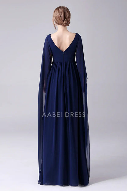 AABEI DRESS Wedding Guests Dresses Mom's Formal Dress A-Line Deep V-Neck Flutter Long Sleeves Chiffon Pleated Bead String Elegant Long Mother of the Bride Dress
