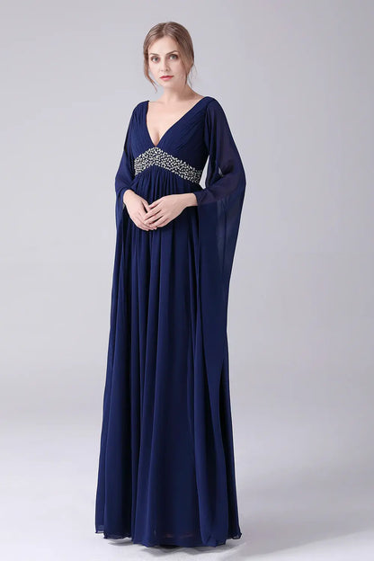 AABEI DRESS Wedding Guests Dresses Mom's Formal Dress A-Line Deep V-Neck Flutter Long Sleeves Chiffon Pleated Bead String Elegant Long Mother of the Bride Dress