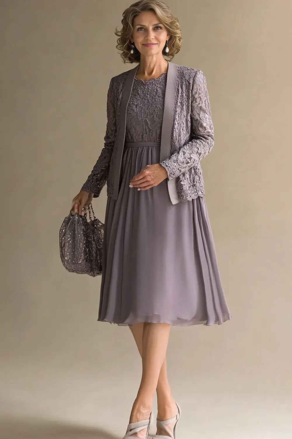 AABEI DRESS Wedding Guests Dresses Mom's Formal Dress A-Line Scoop Lace Top with Lace Long Sleeves Jacket Chiffon Knee Length Elegant Mother of the Bride Dress