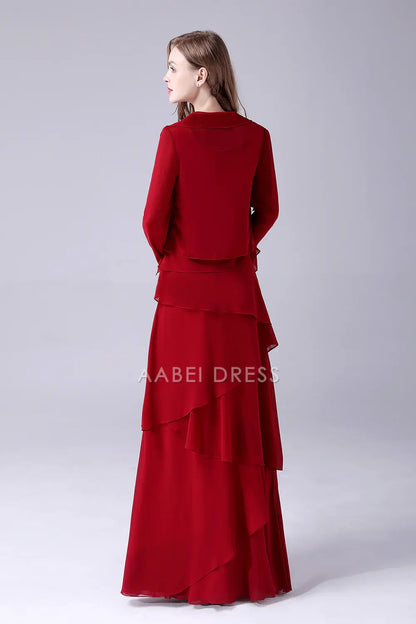 AABEI DRESS Wedding Guests Dresses Mom's Formal Dress A-Line Scoop Neck Chiffon Layering Ruched With Jacket Two-Piece Set Beadwork Elegant Long Mother of the Bride Dress